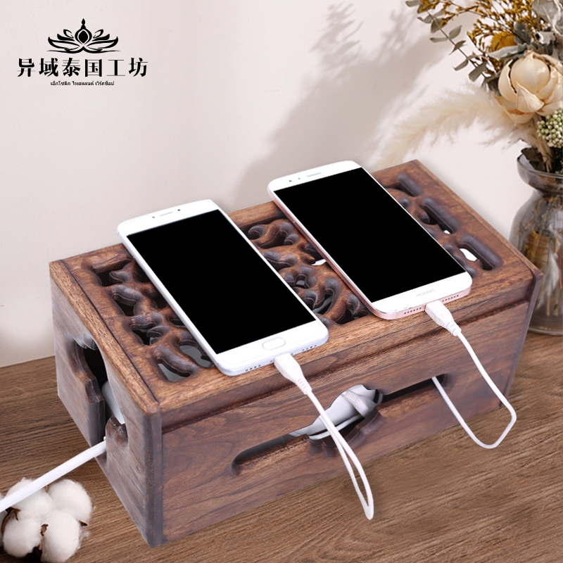 实木插线板收纳盒办公室桌面线盒