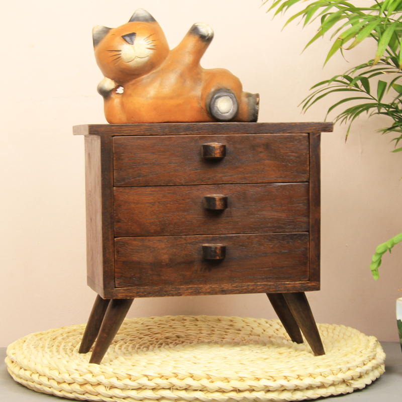 泰国进口实木玄关收纳盒桌上抽屉式桌面收纳柜复古入户置物架摆件