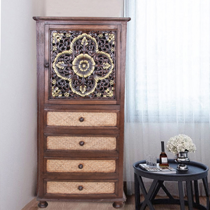 东南亚家具收纳斗柜泰国手工实木质雕花带抽屉客厅门厅储物柜书柜