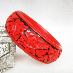 北京雕漆手工手镯牡丹花漆器镯子民族风特色首饰品结婚礼物包邮