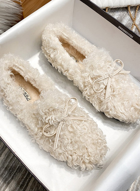 法式仙女风2025蝴蝶结秋冬新平底毛毛鞋保暖棉鞋圆头豆豆软底单鞋