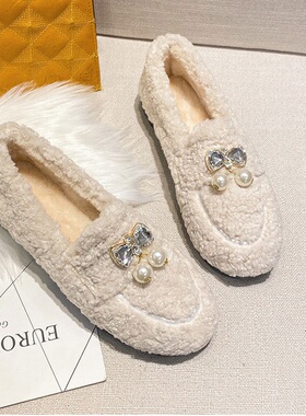 法式毛毛鞋2025秋冬新款蝴蝶结珍珠豆豆保暖棉鞋仙女风软底单鞋