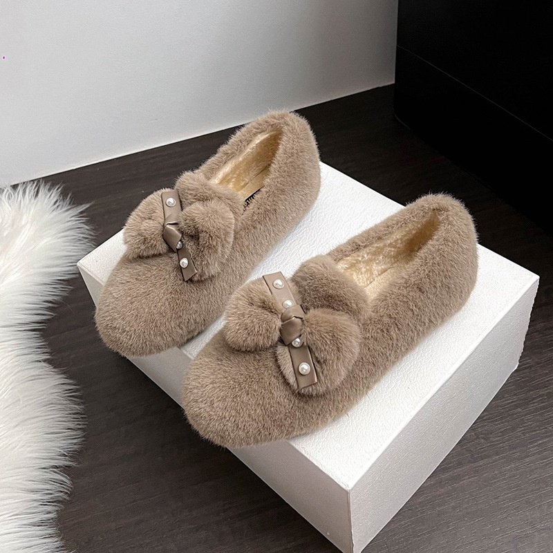 法式毛毛鞋2025蝴蝶结平底秋冬新款加绒单鞋外穿时尚软底保暖棉鞋,女鞋,棉鞋,淘宝优惠券,粉丝福利购,淘宝优惠卷