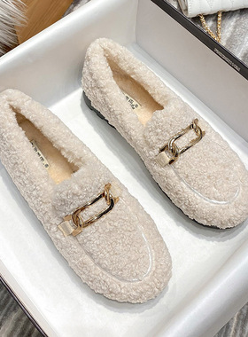 法式毛毛鞋2025加绒保暖秋冬新款平底豆豆棉鞋仙女风软底舒适单鞋