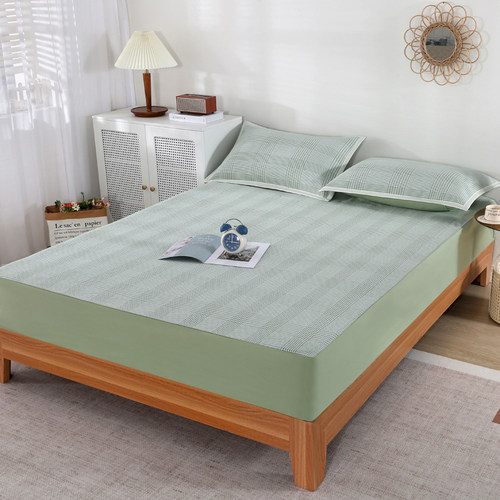 亚麻凉席床笠三件套 纯亚麻席子床单双人简约格1.8m床苎麻床笠