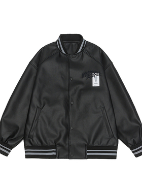 IEID潮牌空军飞行棒球服刺绣PU皮衣夹克男加肥加大码宽松复古外套