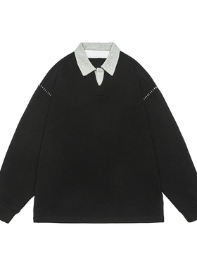 IEID休闲运动风翻领POLO衫长袖卫衣男大码宽松黑色潮流2026上衣