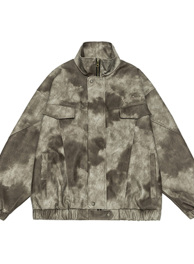 IEID大码男装复古秋季字母刺绣机车pu皮夹克高街扎染翻领皮外套男