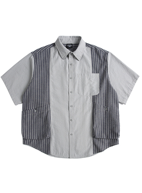 IEID美式复古拼色多口袋工装短袖衬衫潮牌男宽松休闲泡泡纱外套