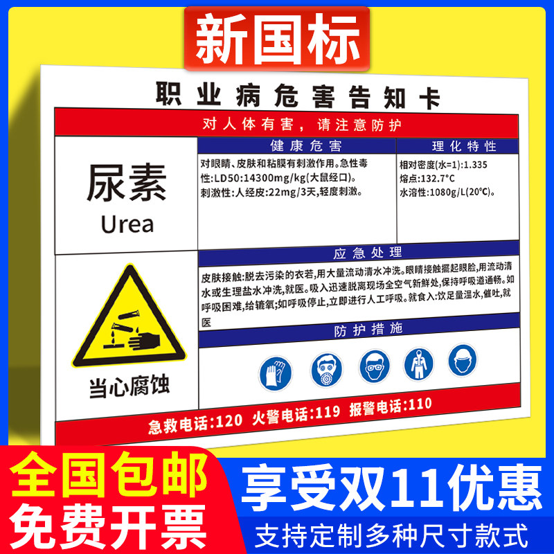 尿素职业病危害告知牌卡危险废物化学品周知卡当心中毒缺氧噪声有害