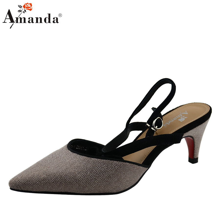 19年新款艾曼达夏季亮片浅口鞋韩版纯色中空尖头鞋纯色细跟凉鞋女