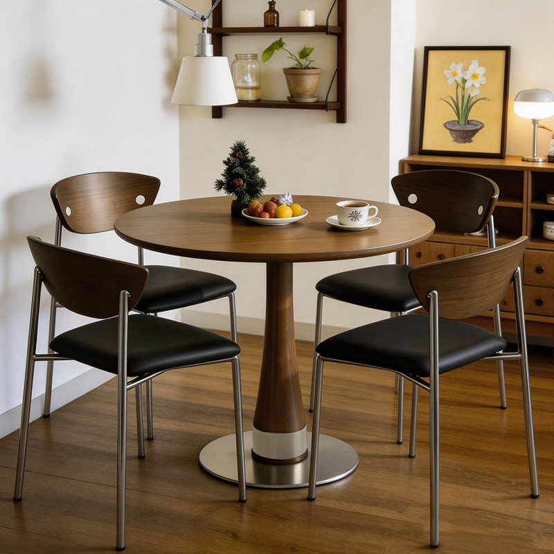 实木中古风休闲洽谈桌椅小型圆桌家用圆形餐桌吃饭桌子阳台咖啡桌