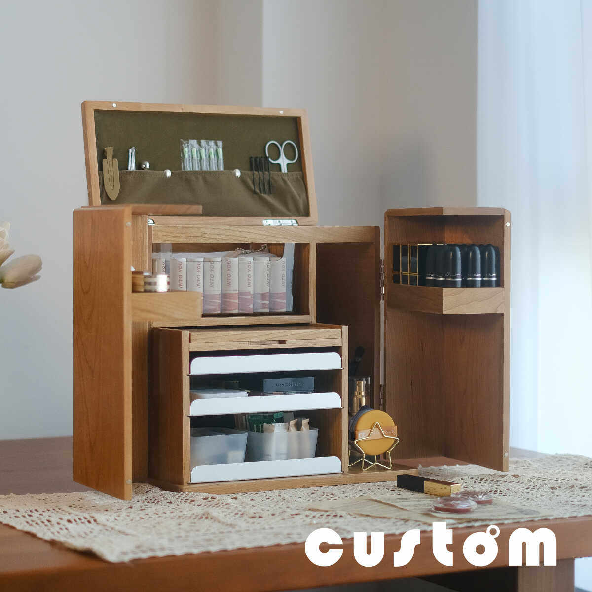 多功能樱桃木实木化妆品带化妆镜创意收纳盒-清仓特惠价,收纳整理,桌面收纳盒,淘宝优惠券,粉丝福利购,淘宝优惠卷