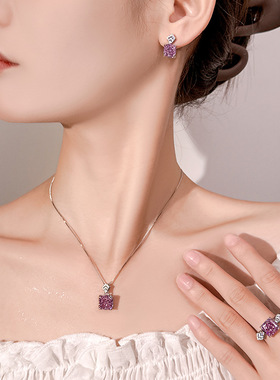 珠宝首饰套装耳环戒指吊坠高碳钻方形镶嵌冰花切轻奢时尚女款饰品