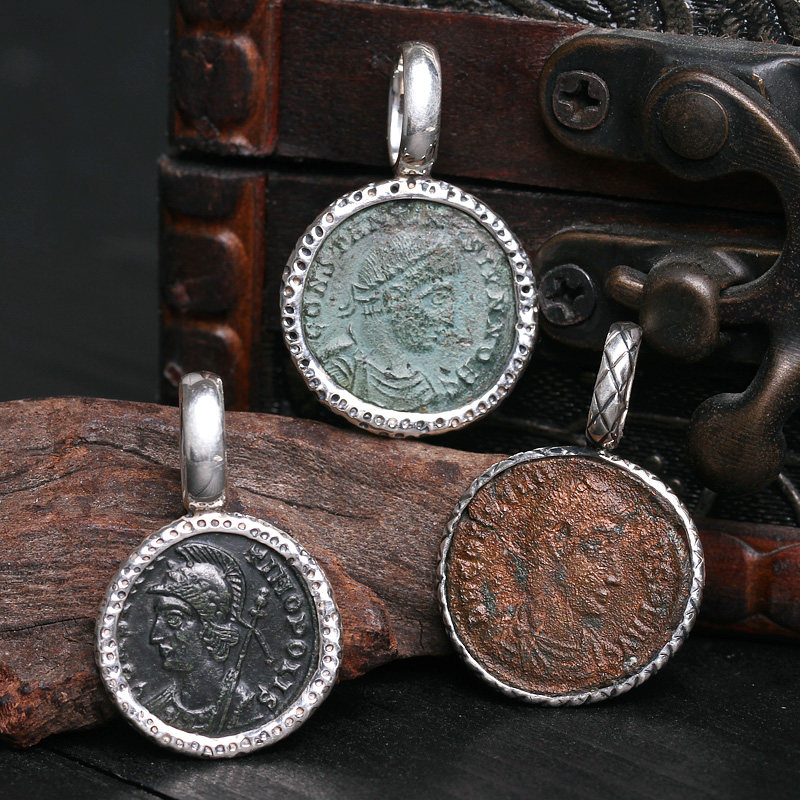 超值特价古罗马古董铜钱币925纯银镶嵌吊坠银饰收藏纪念币国潮