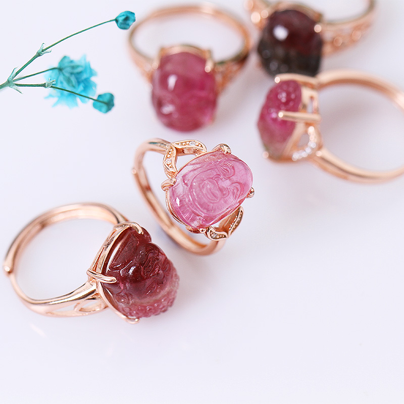 巴西天然碧玺戒面雕刻佛头观音弥勒笑佛公红绿西瓜色圈口礼物饰品