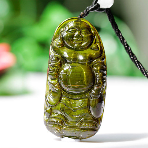 稀有收藏巴西老坑天然猫眼绿碧玺雕刻吊坠站佛公挂件晶体透未注胶