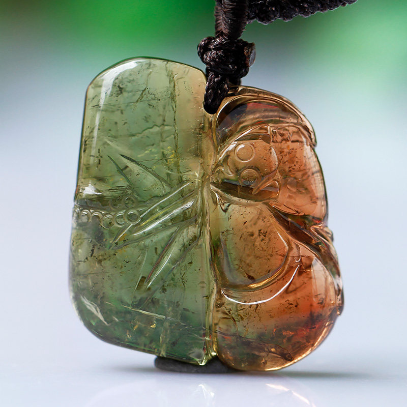 巴西老坑天然西瓜碧玺吊坠挂件竹节葫芦蝙蝠雕件平安幸福 未注胶