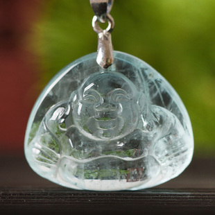 收藏级巴西老坑天然玻璃体海蓝宝吊坠大肚笑佛 男女保平安守护石