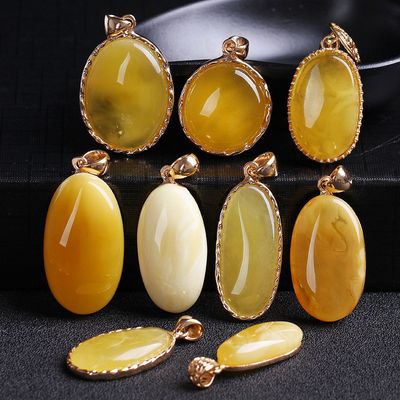 波兰天然蜜蜡吊坠鸡油黄琥珀首饰高档正品无优化S925纯银镀金镶嵌