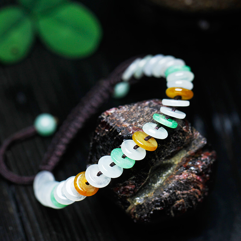 苏幕水晶天然翡翠三色平安扣编制手链缅甸老坑料水润细腻种水