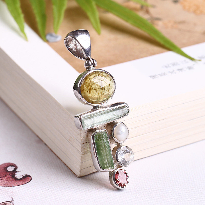 美国品牌超美稀有天然珍珠托帕石碧玺原矿吊坠 纯银自然主义珠宝