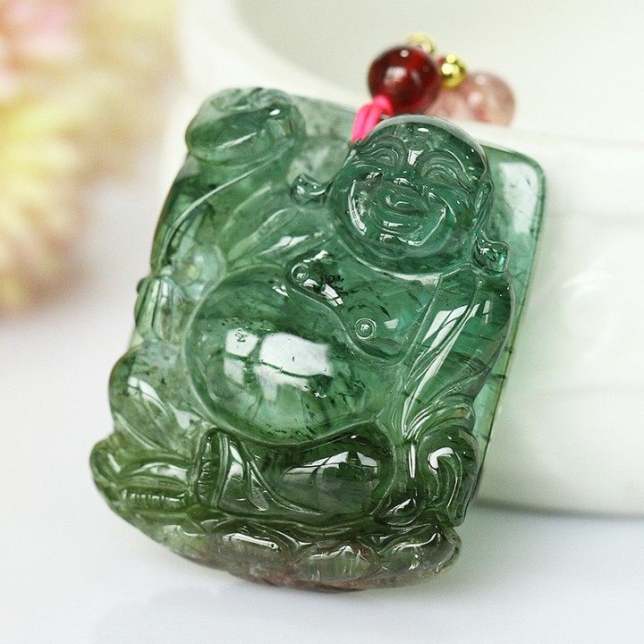 收藏级 巴西老坑天然蓝绿色玻璃体碧玺吊坠 自在佛公挂件 未注胶