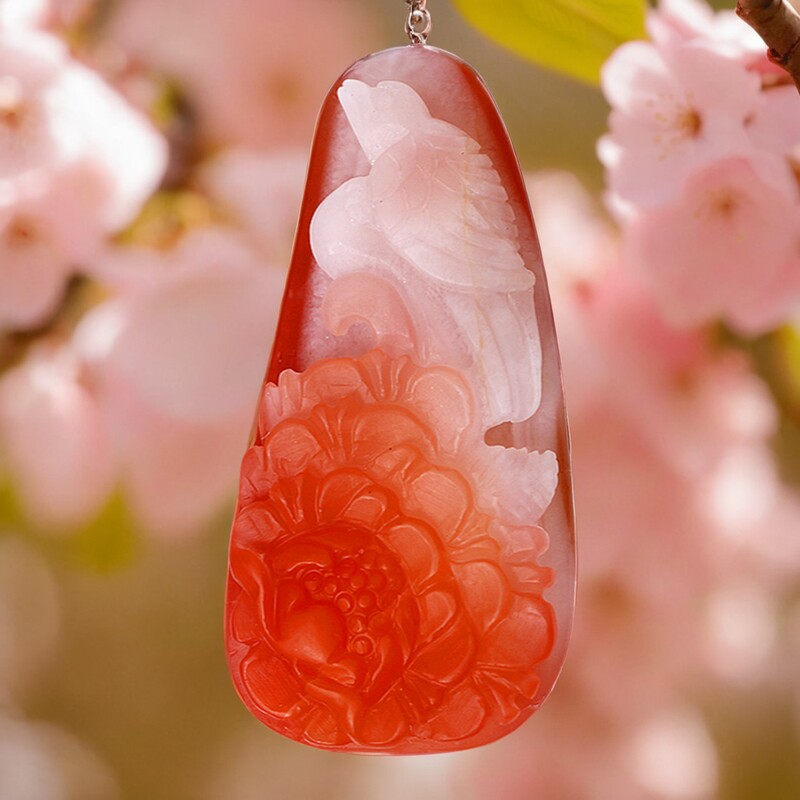 云南保山天然南红玛瑙吊坠红白料柿子红俏色巧雕喜鹊牡丹荷花梅花