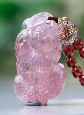 貔貅巴西老坑粉红色碧玺吊坠招财