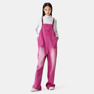 牛仔裤 休闲裤 玫红色多巴胺男女情侣连体裤 HTCU水洗做旧复古背带裤
