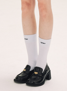 HTCU 复古白色基础提花LOGO小腿袜及膝秋瘦腿长筒袜女可外穿