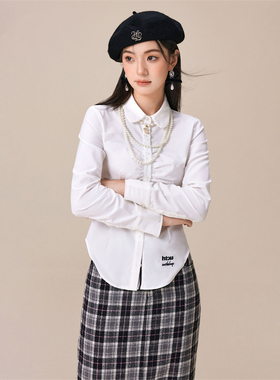 HTCU 莉娜 原创设计纯色立体刺绣收腰衬衫女春秋设计感修身上衣