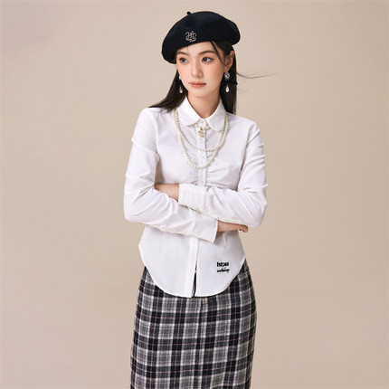 HTCU 莉娜 原创设计纯色立体刺绣收腰衬衫女春秋设计感修身上衣