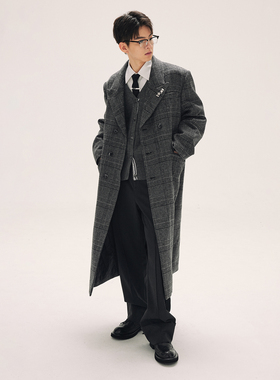 HTCU 克利夫顿 廓形剪裁格纹毛呢中长款大衣呢子风衣外套男