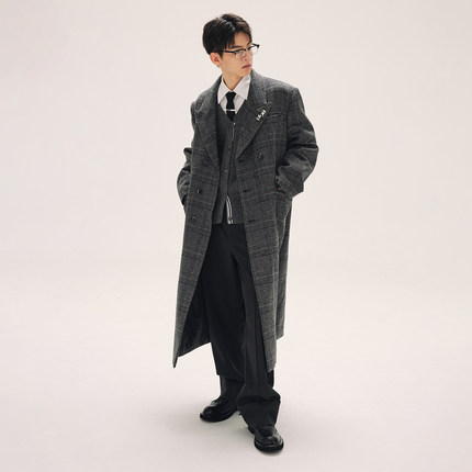 HTCU 克利夫顿 廓形剪裁格纹毛呢中长款大衣呢子风衣外套男