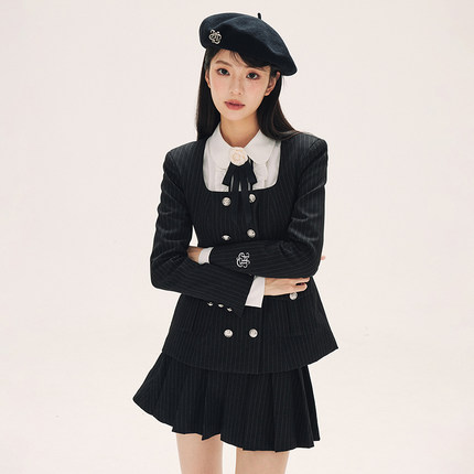 HTCU 艾米丽 复古非正式学院风休闲西装收腰衬衫外套JK制服套装裙