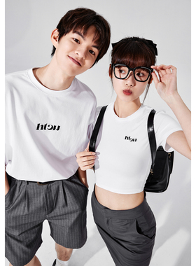 HTCU 基础LOGO字母印花短袖纯色潮牌男夏季情侣装辣妹紧身T恤女
