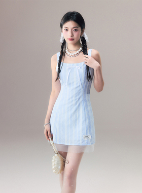 HTCU 苏苏 法式纯欲千金玛德琳吊带裙格纹连衣裙女夏蝴蝶结收腰裙