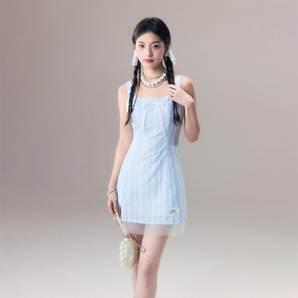 HTCU 苏苏 法式纯欲千金玛德琳吊带裙格纹连衣裙女夏蝴蝶结收腰裙