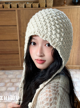 ZHIWU~秋冬时髦搭配~洋气米色针织帽女流苏系带毛线帽套头帽子