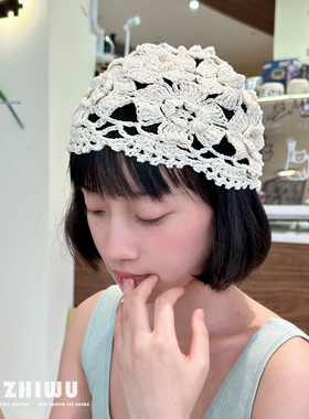 ZHIWU~春夏时髦搭配~法式薄款镂空针织帽女手工勾花包头帽堆堆帽