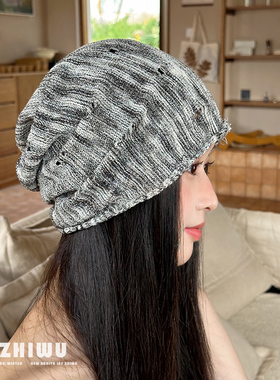 ZHIWU~春秋冬废土风造型针织帽女做旧破洞堆堆帽保暖护耳包头冷帽