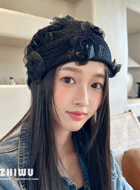 ZHIWU~春夏时髦搭配~法式花朵镂空堆堆帽女度假风针织帽包头帽子