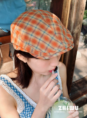 ZHIWU~24新款复古反戴格子小众前进帽女夏季日系文艺贝雷帽鸭舌帽