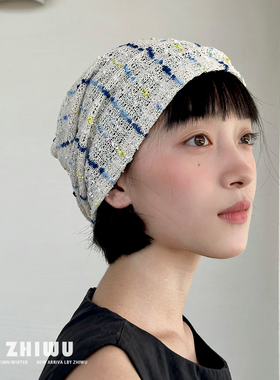 ZHIWU~春秋文艺气质~ins风玻璃糖条纹堆堆帽女薄款镂空针织包头帽