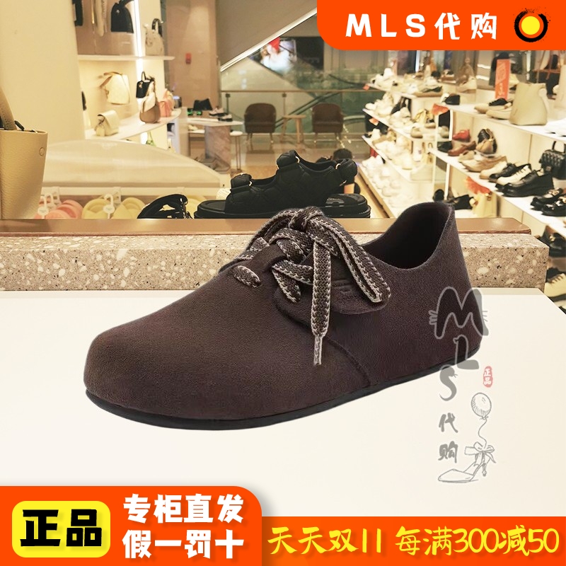 百丽秋季平跟真皮系带女鞋单鞋