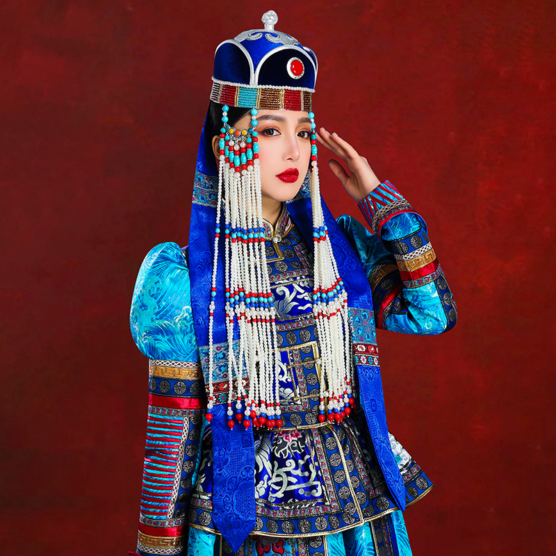 蒙古女士蓝色妆造帽子内蒙古民族舞蹈演出高端婚礼摄影走秀饰品