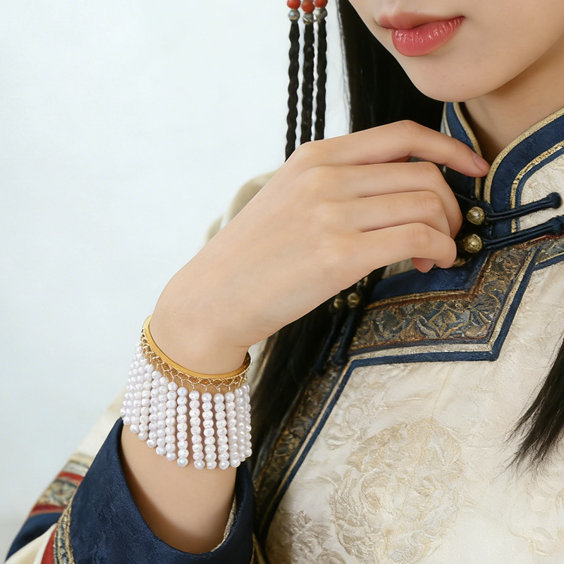 少数民族风手链内蒙古服饰珍珠白流苏女士手镯蒙古袍配饰首饰品