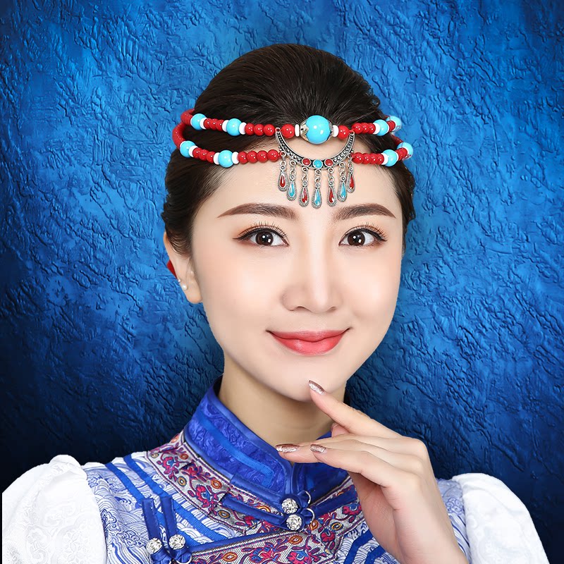 手工串珠蒙古族舞蹈演出头饰女成人儿童蒙古服装配饰新娘珠珠头饰