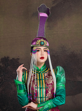 原创蒙古族女士紫色帽子内蒙古民族舞蹈演出摄影日常走秀婚礼头饰